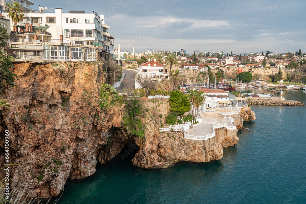Fototapeta premium Rocky coastline in Kaleici historic district in Antalya, Turkey.