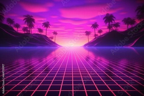 Retro neon purple grid. Synthwave styled landscape. 3D illustration. Generative AI