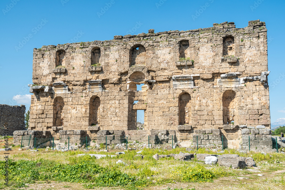 The remains of the nymphaeum on the acropolis hill of Aspendos ancient site in Turkey.