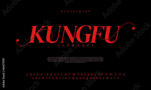 Kungfu premium luxury elegant alphabet letters and numbers. Elegant wedding typography classic serif font decorative vintage retro. Creative vector illustration