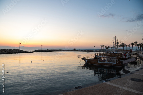 Harbour in Side, Antalya, Turkey, at dusk. © Alizada Studios