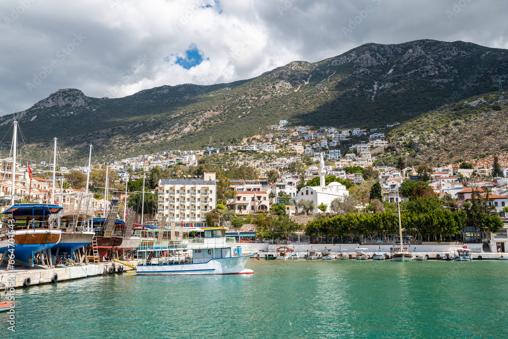 Kalkan harbourside town on the Mediterranean coastline in Antalya province of Turkey.