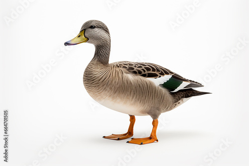 The side portrait of a Mallard, greenhead, or common duck, is standing on the white background, shot in a studio. Generative AI.