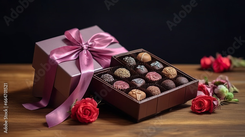 A set of assorted chocolates in a paper box with a purple ribbon