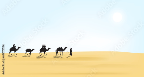 ramadan kareem illustration with desert scenery beautiful bright sky on the desert with camel  dates tree and caravan. vector illustration. 