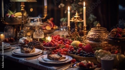 A table topped with plates of food and candles. Generative AI.