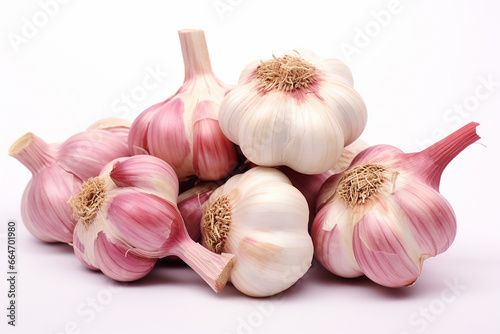 The close up detail of many fresh organic garlic cloves and bulbs for cooking isolated on white background. Generative AI.