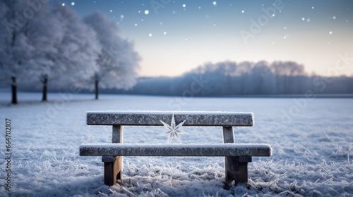 A bench in a snowy field with trees in the background. Generative AI. © Natalia