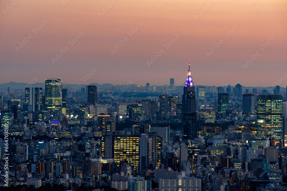  Tokyo Shinjuku and Yoyogi area high rise buildings at golden hour.