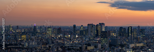 Panoramic view of Tokyo Shinjuku and Yoyogi area high rise buildings at golden hour. photo