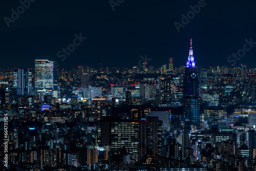 Tokyo Shinjuku and Yoyogi area high rise buildings at dusk.