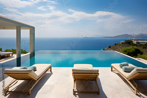A luxurious villa with a pristine infinity pool overlooking the azure waters of the Mediterranean Sea. Show elegant sun loungers, parasols, and the villa's architectural beauty. © Kuo
