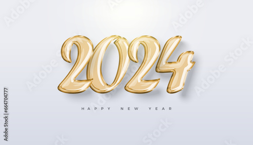 Happy new year 2024 number design vector. Premium design with luxurious and unique gold foil balloons numbers. Modern, bright and unique.