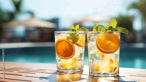 Poolside beverages shine in the radiant sunlight, a perfect way to unwind.