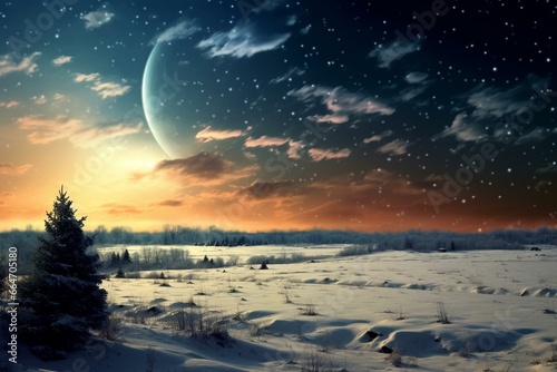 Expansive wintry panorama with massive glowing moon amidst star-studded sky and sparse clouds. Generative AI