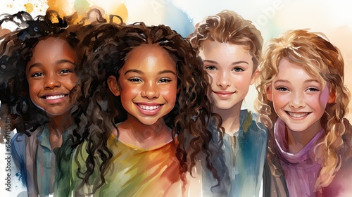 AI-generated illustration of a diverse group of cute, happy young girls. MidJourney. photo