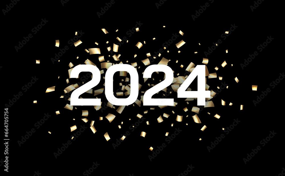 New Year 2024 paper numbers for calendar header on glittering background made of golden confetti. New Year 2024 paper numbers for calendar header on glittering background made of golden confetti.