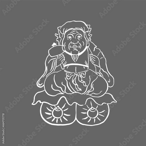 Japanese god of wealth Daikoku. Vector image, hand drawing, sketch, doodle. White on grey. Holidays, congratulations, prosperity, luck, happiness. Eps10