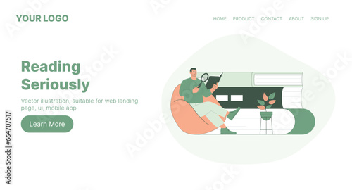 Reading Seriously. Web Landing Page Design. Flat Cartoon Vector Illustration.