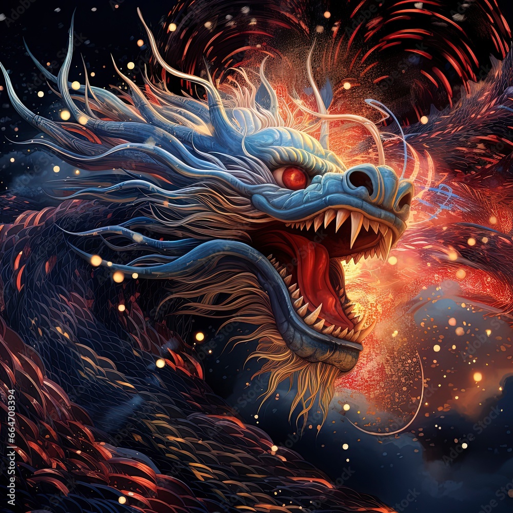 Dragon-themed fireworks light up the sky in a dazzling display. AI-generated Dragon-themed fireworks light up the sky in a dazzling display. AI-generated