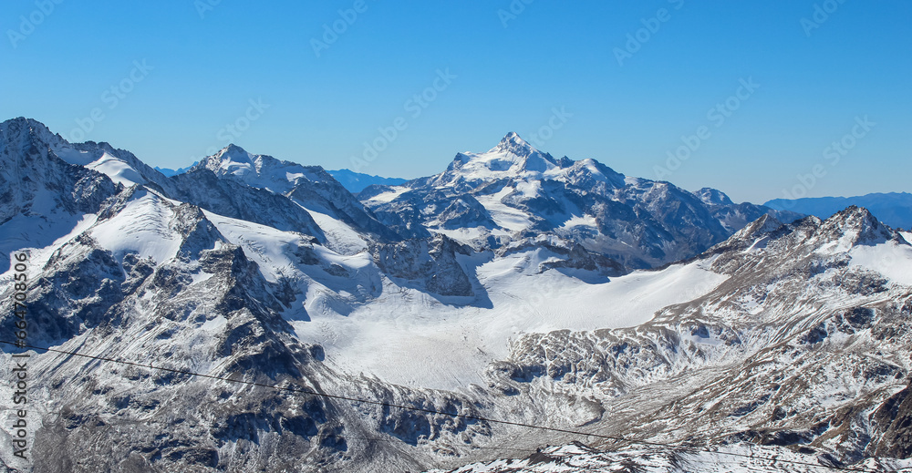 Panorama of the snowy mountains in Elbrus region, Russia