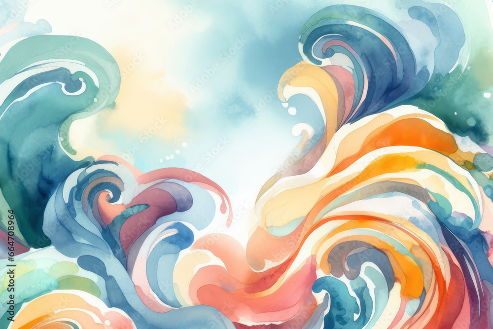 Obraz premium Abstract watercolor big wave for textures. Fresh, cheerful and relaxing summer concept. Positive and healthy tones to background or wallpaper