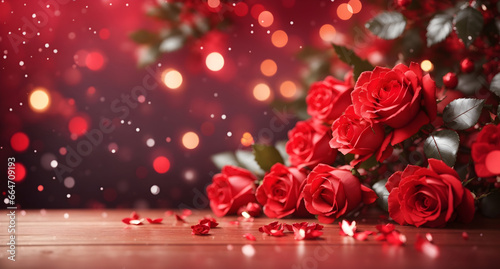 Christmas decoration on red background. Xmas wallpaper with roses. 