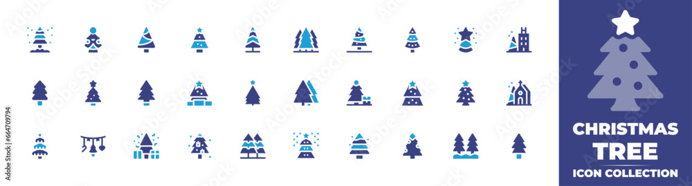 Christmas tree icon set. Duotone color. Vector illustration. Containing pine tree, christmas tree, pines, garland, fir, tree, star, hospital, pine, forest, church.