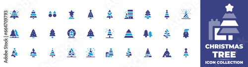 Christmas tree icon set. Duotone color. Vector illustration. Containing christmas tree, glasses, building, star, gingerbread, snow globe, two pines. © Huticon