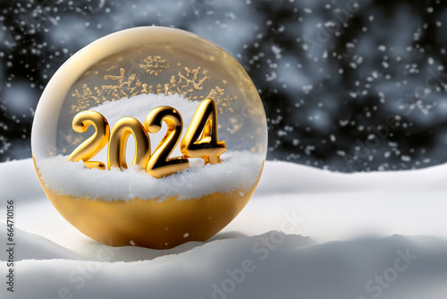 2024 golden 3D type inside a glass sphere with decorations on snow in a Christmas atmosphere.