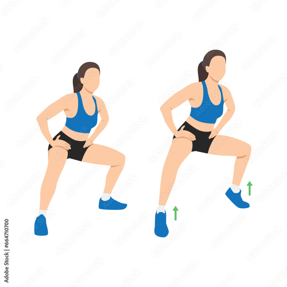 Woman doing Wide squat with calf raises exercise. Flat vector illustration isolated on white background