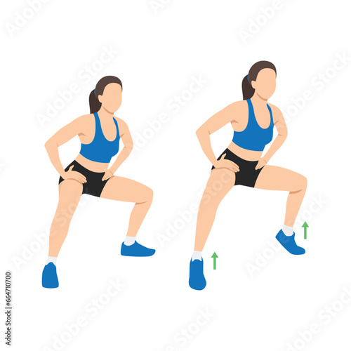 Woman doing Wide squat with calf raises exercise. Flat vector illustration isolated on white background