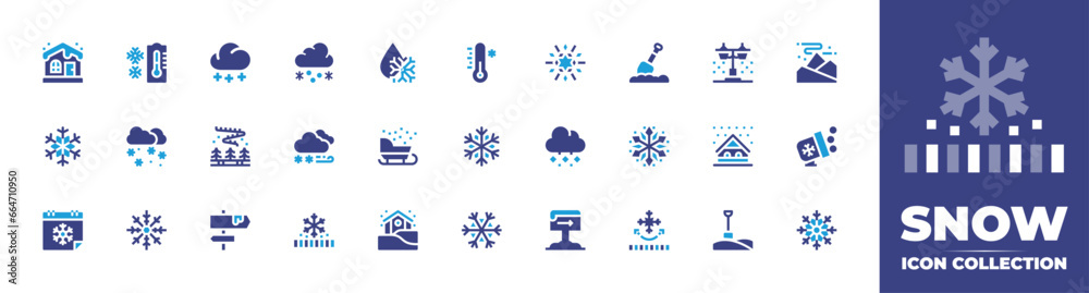 Snow icon set. Duotone color. Vector illustration. Containing snow, snowflake, snow cannon, shovel, blizzard, snow flake, snow proof, house, street light, sledge, kiosk, cold, aurora borealis.