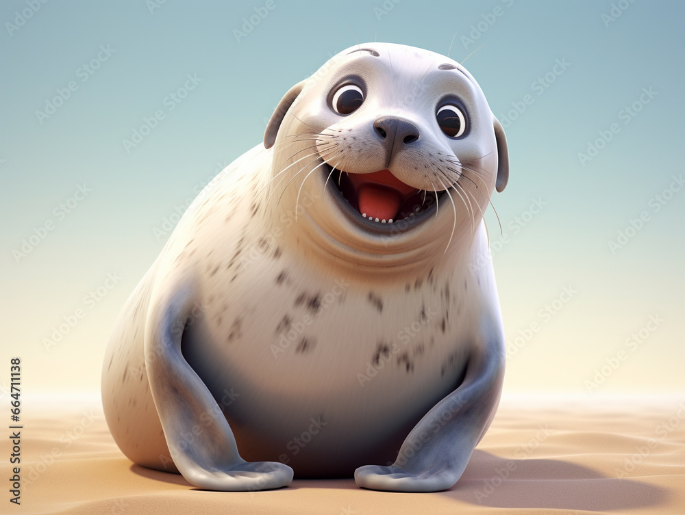 A 3D Cartoon Seal Laughing and Happy on a Solid Background A 3D Cartoon Seal Laughing and Happy on a Solid Background