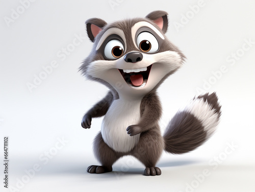 A 3D Cartoon Raccoon Laughing and Happy on a Solid Background