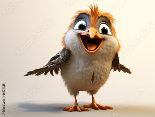 A 3D Cartoon Sparrow Laughing and Happy on a Solid Background