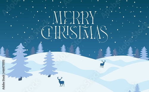 Merry christmas design in blue white snow background with deer, tree, winter concept