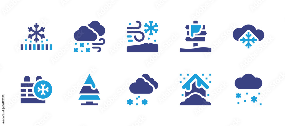Snow icon set. Duotone color. Vector illustration. Containing snow storm, snow, snow proof, snowfall, tree, sign, blizzard.