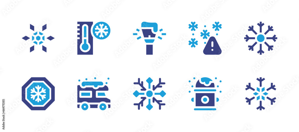 Snow icon set. Duotone color. Vector illustration. Containing snowflake, streetlight, low temperature, cold temperature, severe weather, van, hydrant.
