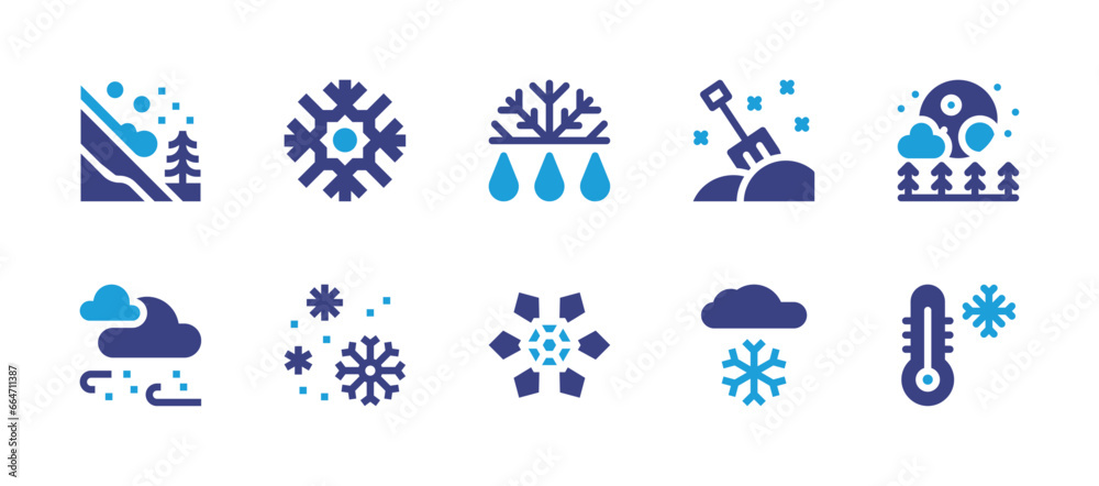 Snow icon set. Duotone color. Vector illustration. Containing snowflake, defrost, shovel, snowflakes, snow, avalanche, super moon, temperature, snowfall.