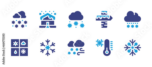 Snow icon set. Duotone color. Vector illustration. Containing snow, winter, weather news, thermometer, building, snowflake, signpost.