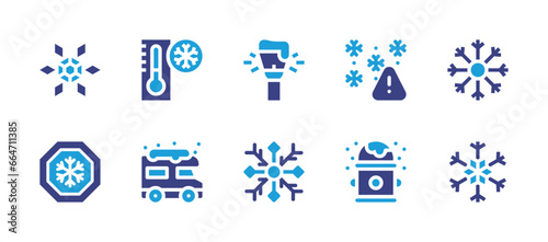 Snow icon set. Duotone color. Vector illustration. Containing snowflake, streetlight, low temperature, cold temperature, severe weather, van, hydrant.