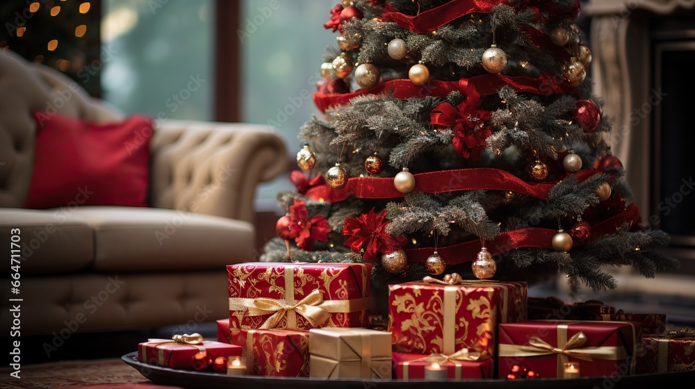 Cropped picture of christmas presents at home under the christmas tree. Generative ai