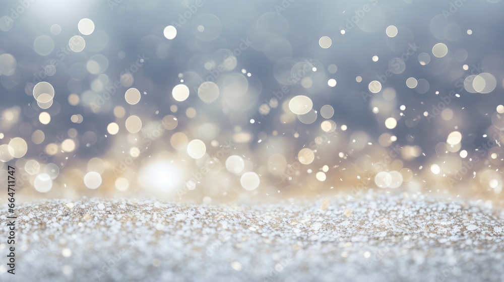Abstract glittery gold and silver sparkling celebratory background with light bokeh. Perfect backdrop for product shots