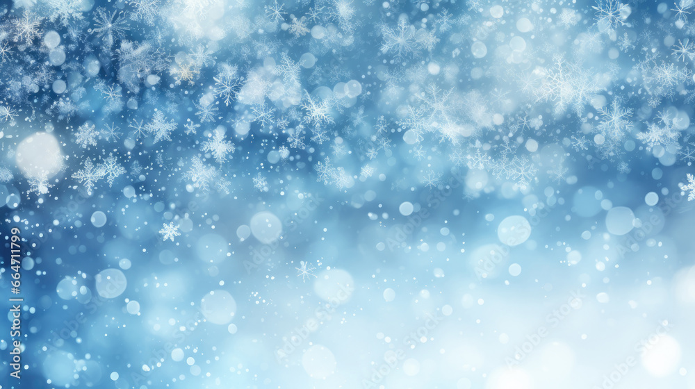Abstract blue wintery christmas background with sparkling snowflakes and light bokeh