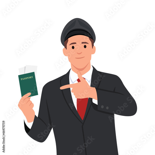 Young steward pointing at passport. Pilot of airplane. Flat vector illustration isolated on white background