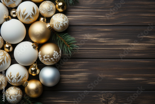 Christmas decorations on wooden table with copy space background top view. Colorful Christmas balls and spruce branches. Best for Christmas greetings and wishes