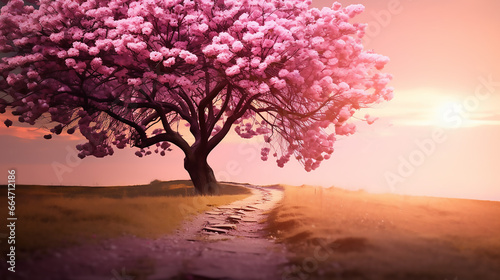 Beautiful spring nature scene with pink blooming tree with sunset