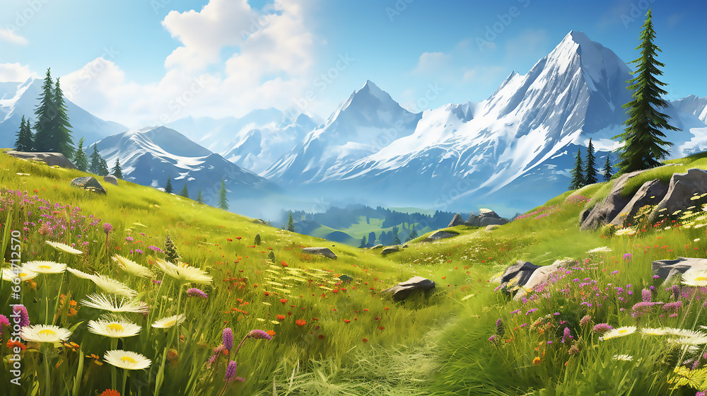 Idyllic mountain landscape in the Alps with blooming meadows in springtime with clear sky