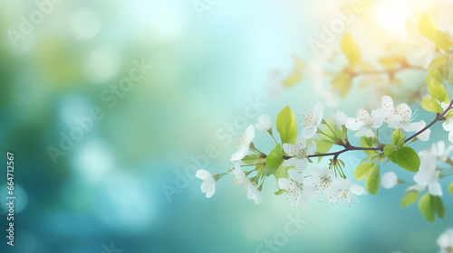 Light green blue spring background with sun shine and blurry background